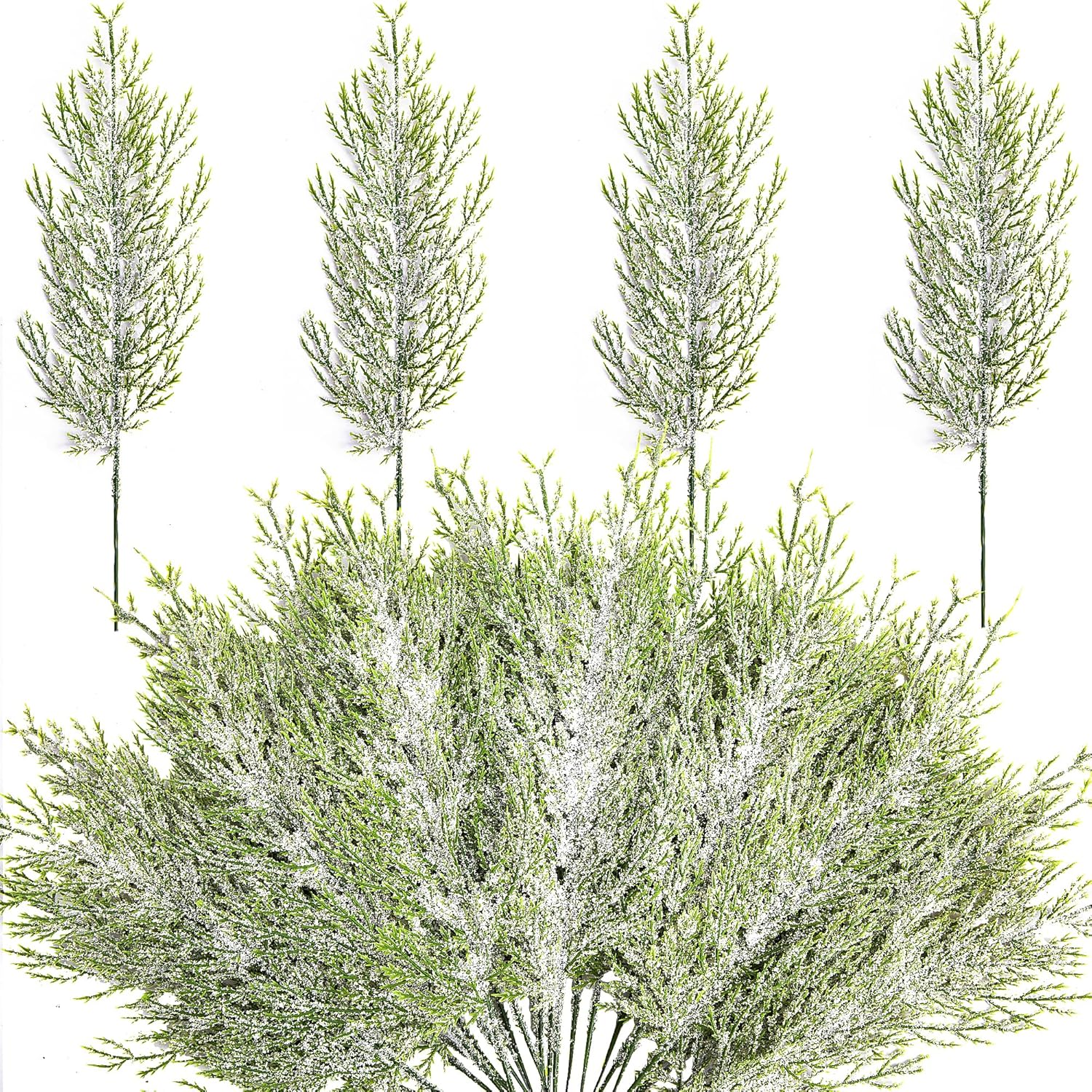 Alpurple 50 ramas de pino esmerilado de nieve de Navidad, ramas de pino artificial nevadas de 13.5 pulgadas, ramitas de cedro verde, tallos de pino