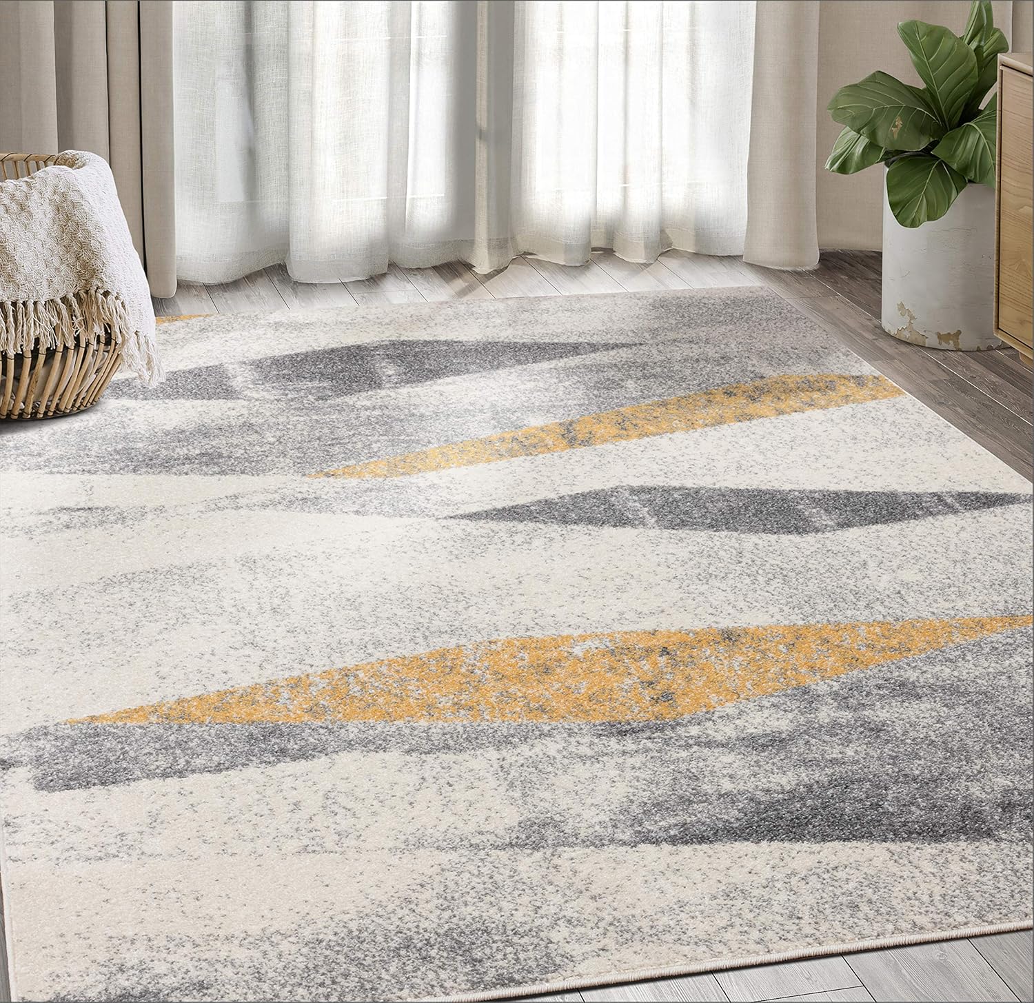 Abani Laguna Collection – Alfombra turca envejecida geométrica, color gris y amarillo, estilo moderno, 6 x 9 pies, alfombra decorativa