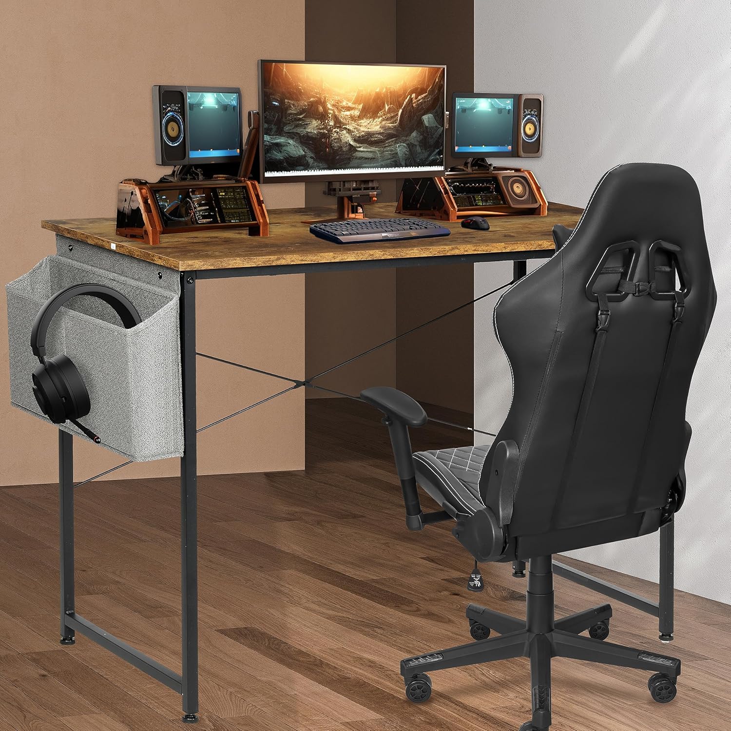 Simple Deluxe Escritorio de oficina para computadora, mesa de PC de estilo moderno y simple con bolsa de almacenamiento, para trabajo en casa,