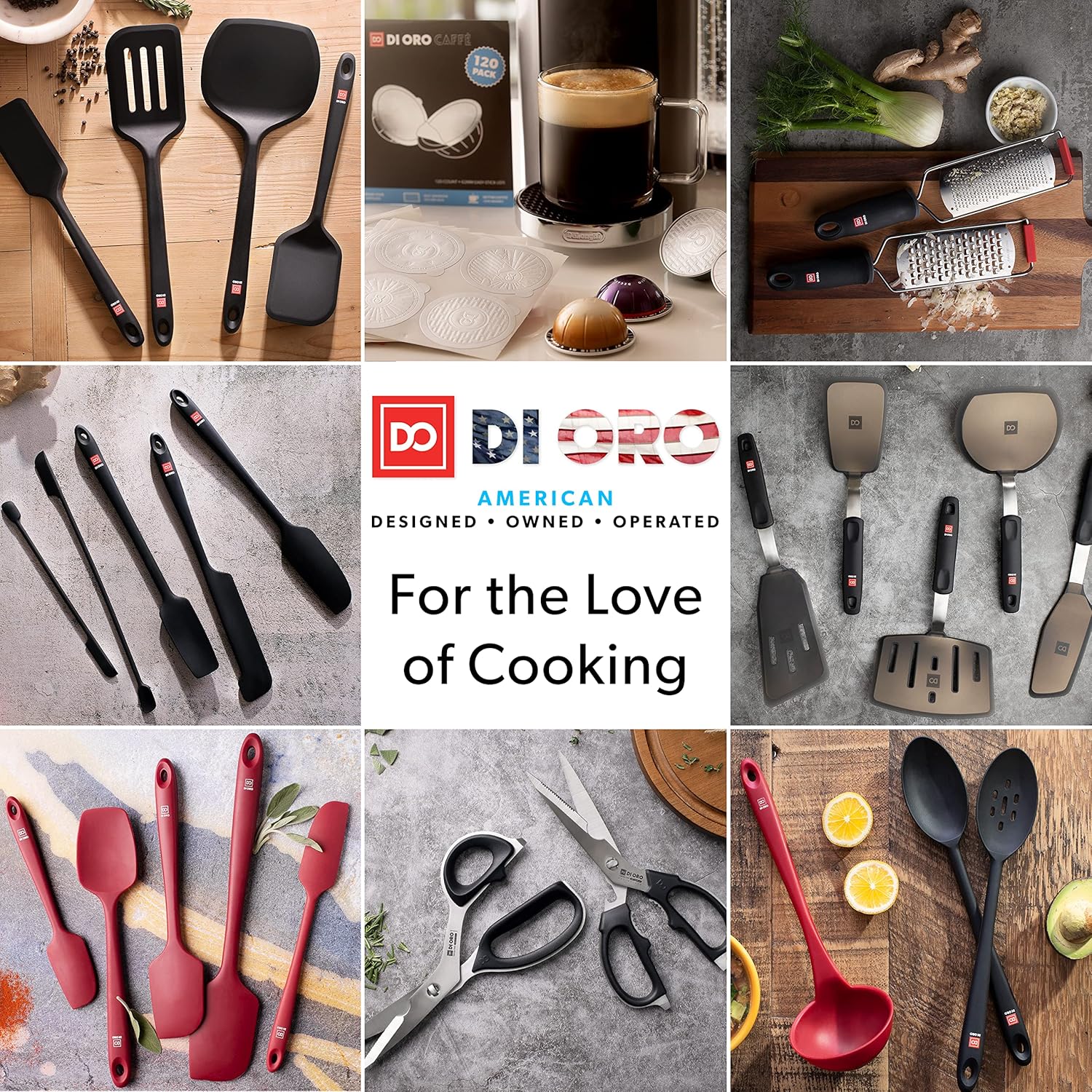 DI ORO – Juego de utensilios de cocina de silicona de 9 piezas, resistente al calor, antiadherente, flexible, espátulas de silicona sin costuras,