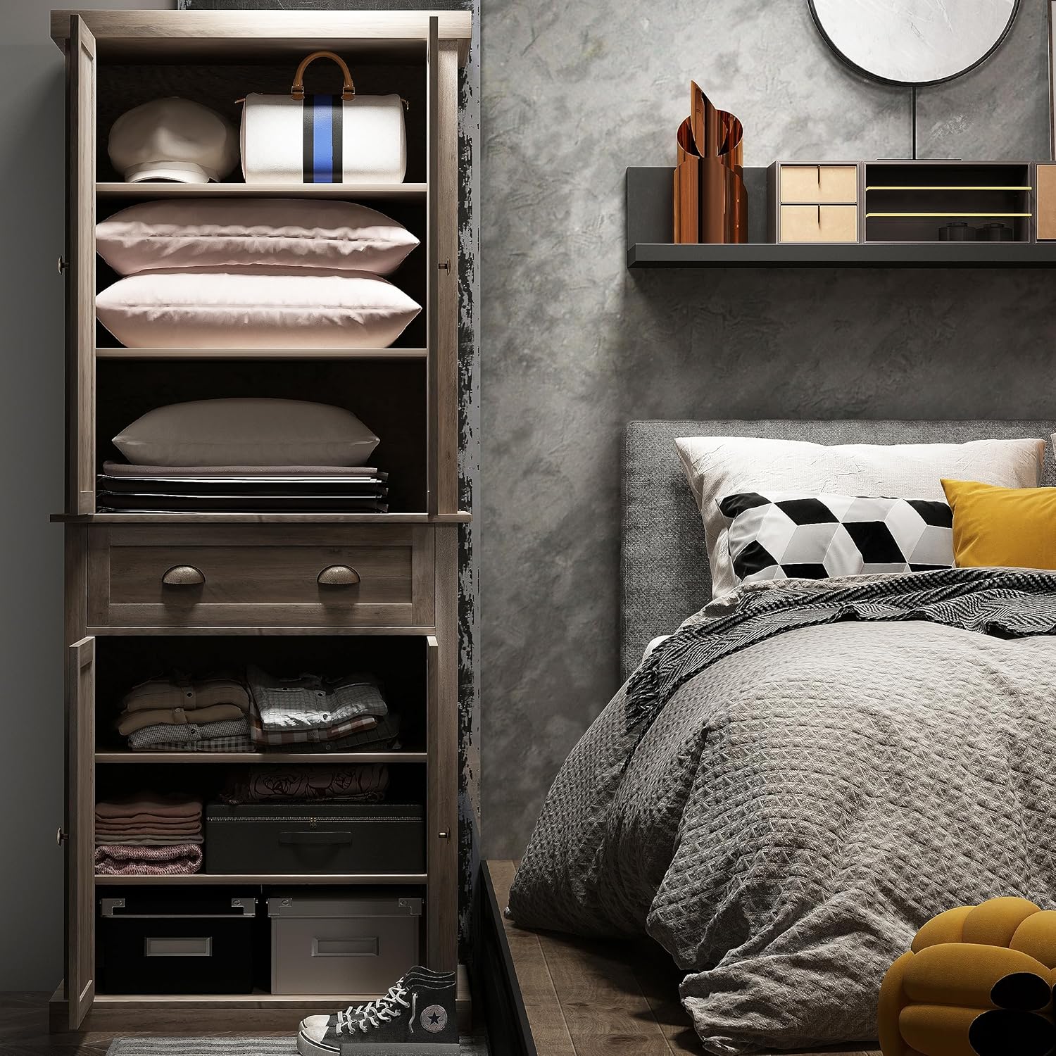 Karl home Armario de almacenamiento gris vintage con puertas y estantes, versátil armario de despensa de 4 puertas, ideal como gabinetes de cocina,