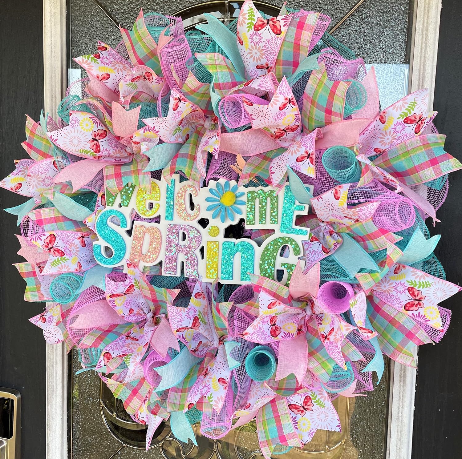 Welcome Spring Butterfly! Deco Mesh Front Door Wreath, Indoor Outdoor, Farmhouse Country Traditional Decor