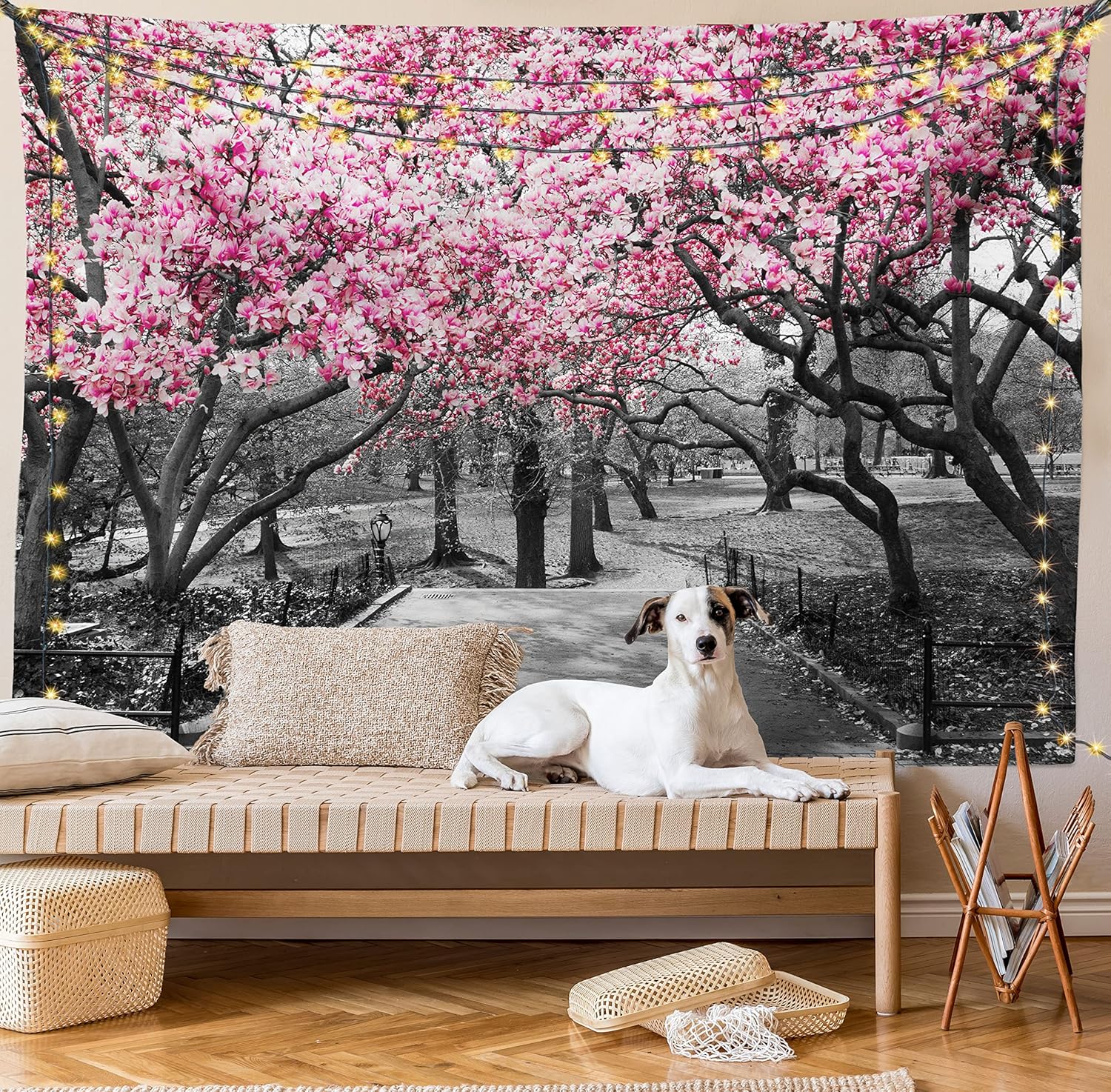 Lunarable NYC – Tapiz de flores en Central Park, paisaje, cerezos, bosque, temporada de primavera, decoración de tela para colgar en la pared para