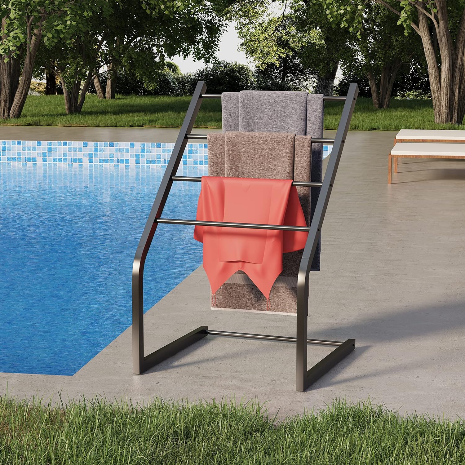 Toalleros para baño, toallero de pie independiente, toalleros de piscina al aire libre, soporte de toalla de metal de 4 niveles para baño, soporte