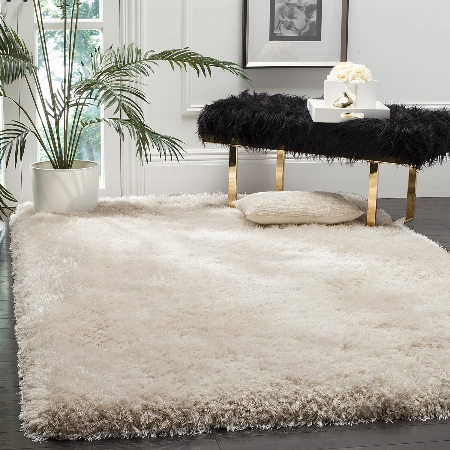 SAFAVIEH Luxe Shag Collection – Alfombra de área, 6 x 9 pies, color hueso, glamour hecho a mano, 3.2 pulgadas de grosor, ideal para zonas de alto