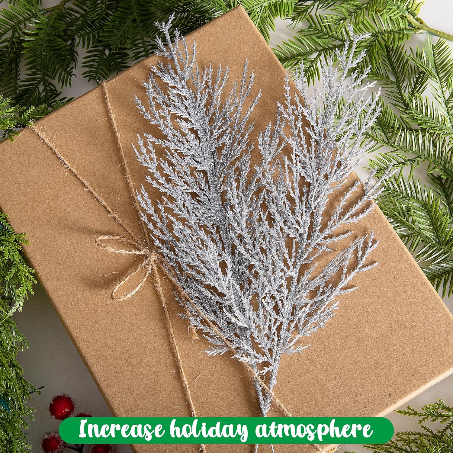 Alpurple 25 ramas de pino artificial de plata de Navidad, 13.5 pulgadas, tallos de pino de follaje falso, hojas plateadas, agujas de pino