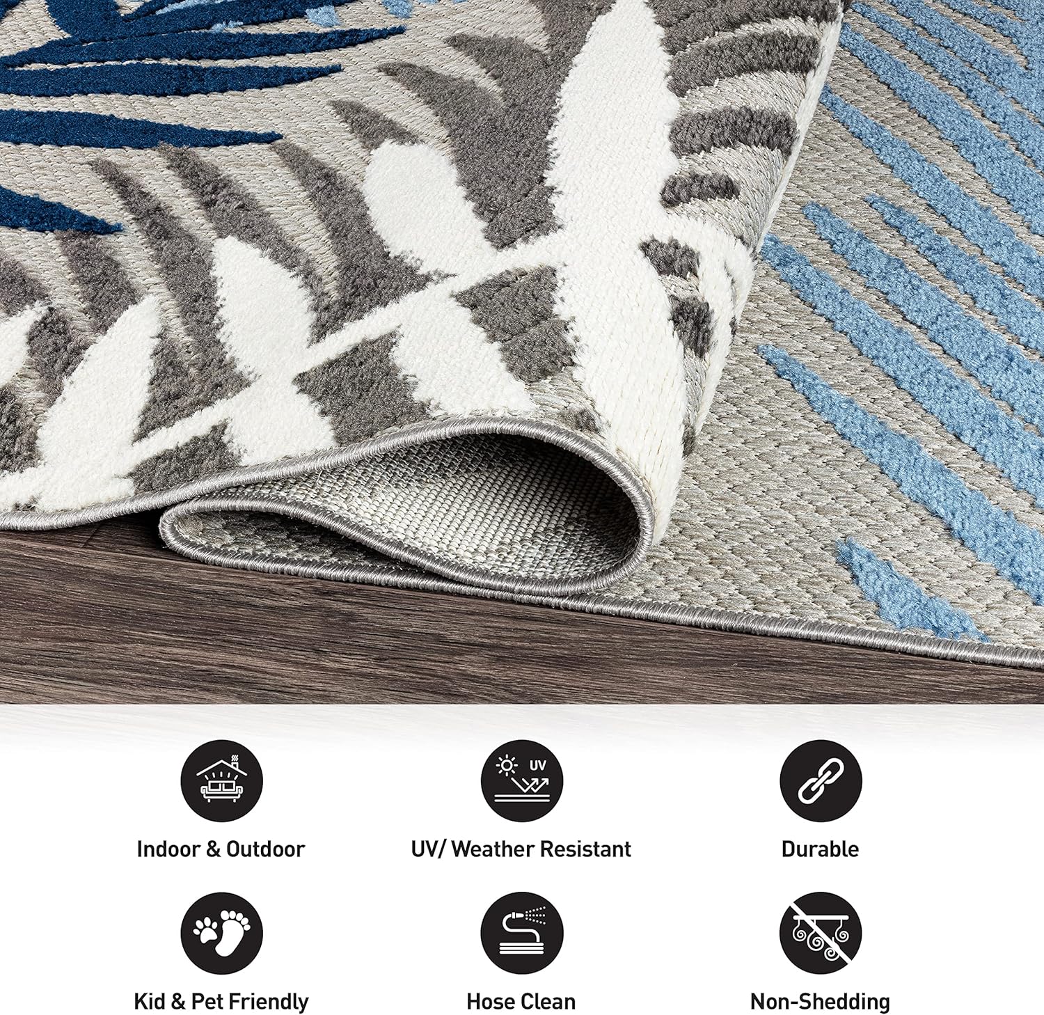 Rugshop Evora Palm Frond – Alfombra de área para patio, interior y exterior, no desprende pelusa, 5 x 7 pies, color azul