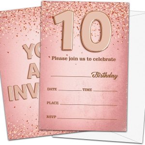 Invitaciones de cumpleaños número 10 para niños, tarjetas de invitación de fiesta de cumpleaños de oro rosa, suministros de decoración de fiesta de Invitaciones de cumpleaños número 10 para niños, tarjetas de invitación de fiesta de cumpleaños de oro rosa, suministros de decoración de fiesta de