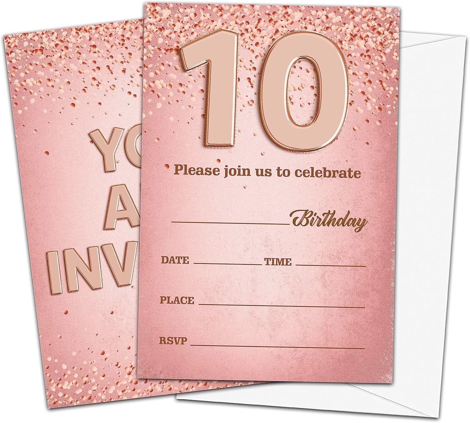 Invitaciones de cumpleaños número 10 para niños, tarjetas de invitación de fiesta de cumpleaños de oro rosa, suministros de decoración de fiesta de