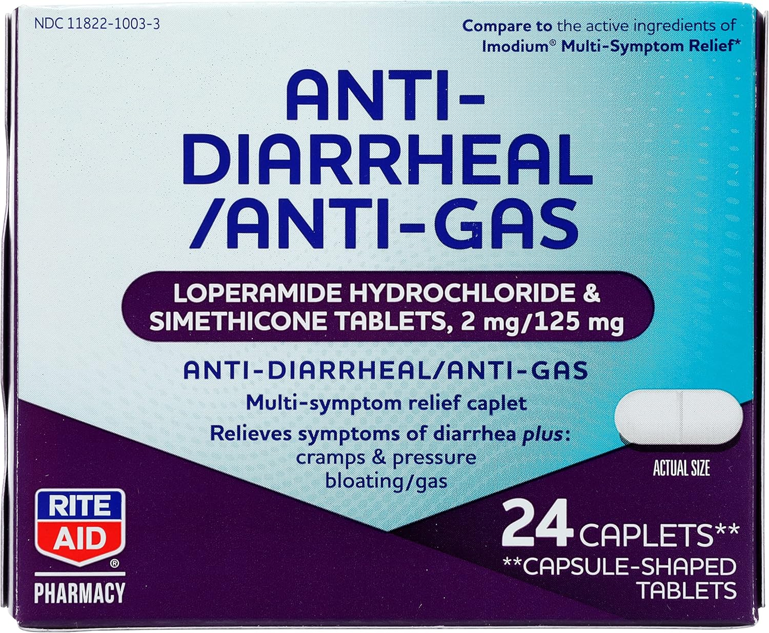 Rite Aid Comprimidos antidiarreicos y antigases, 24 unidades, alivio multisíntoma para diarrea y gases, loperamida HCI 2 mg y simeticona 125 mg,