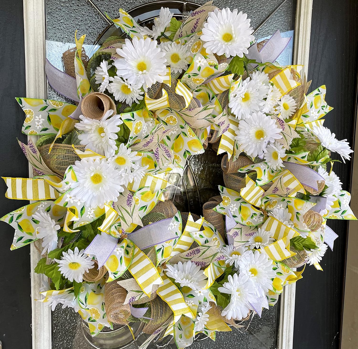 XL Lavender Lemon & Daisy Summer & Spring Deco Mesh Front Door Wreath, Porch Patio Home Decor, Handmade, Unique Gift Idea for Her