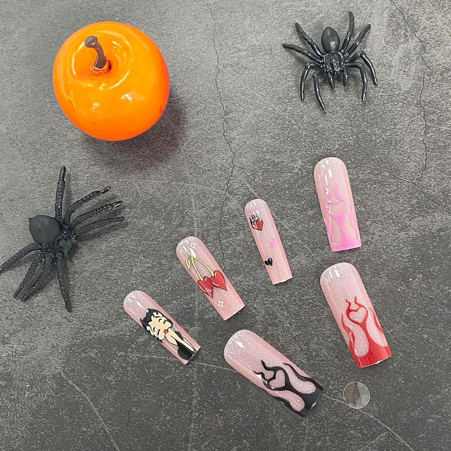 Uñas postizas largas a presión de Halloween, con estrellas, corazones, telaraña, dulce joven, uñas acrílicas rosas y blancas con punta francesa,