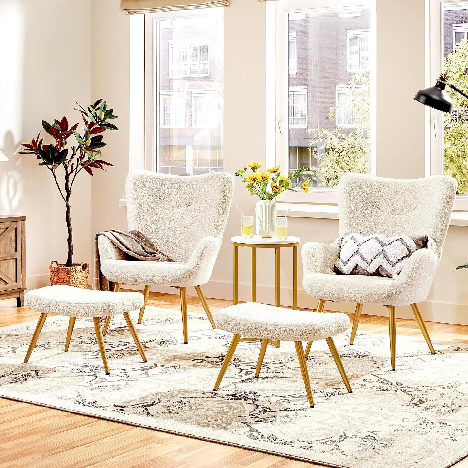 Yaheetech Juego de silla decorativa y otomana, sillón Sherpa con patas de metal dorado y respaldo alto, reposapiés para sala de estar, salón,