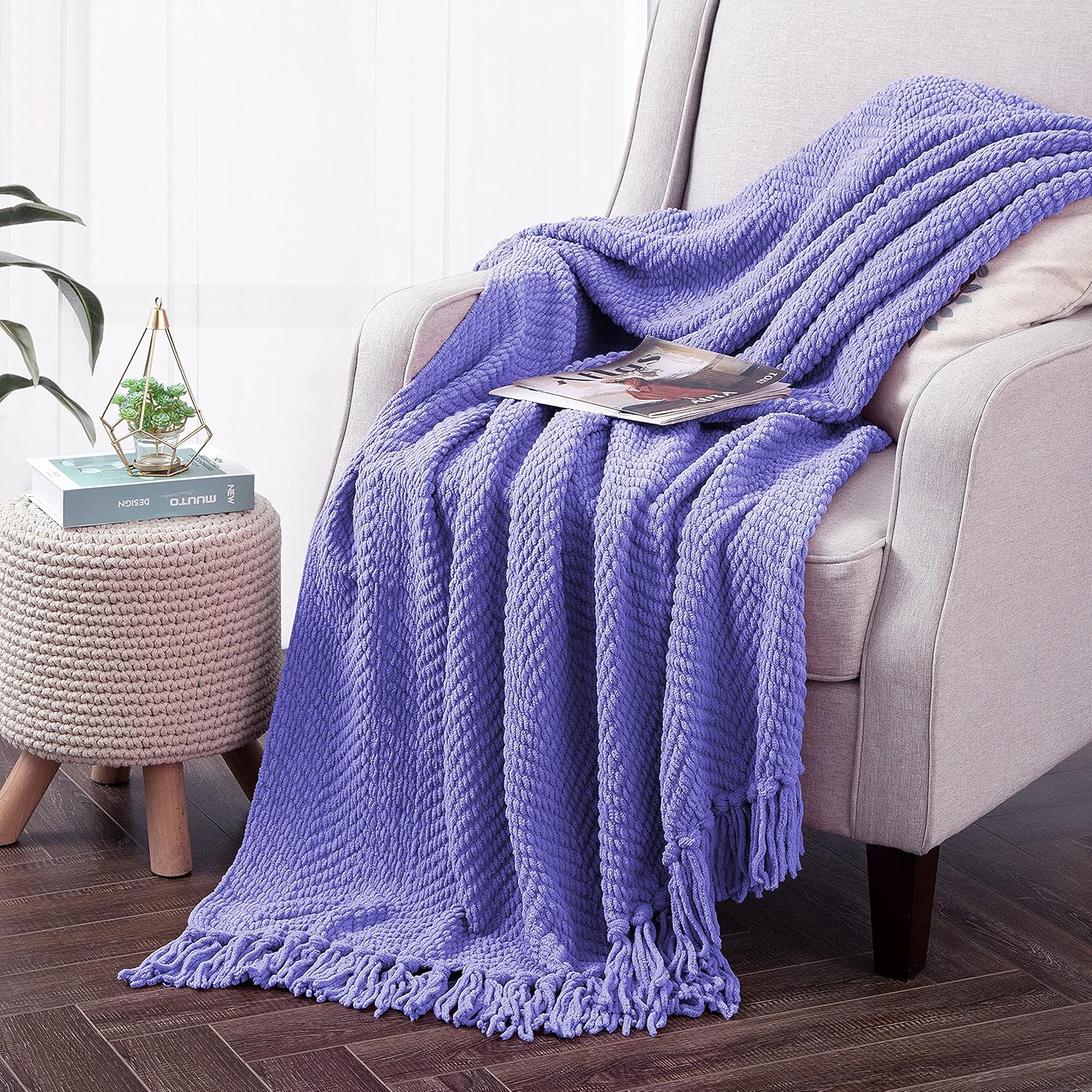 Manta de punto suave con textura para sofá, manta de tweed morado con borlas de flecos para decoración del hogar, cama, sofá, silla, 50 x 60