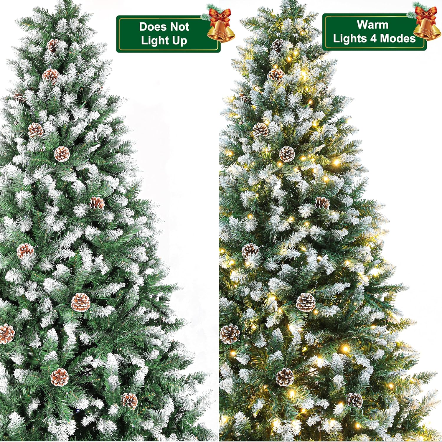 Prelit Árbol de Navidad artificial de 6 pies con luces, conos de pino, árbol de Navidad flocado con 270 luces LED blancas cálidas, 810 puntas de