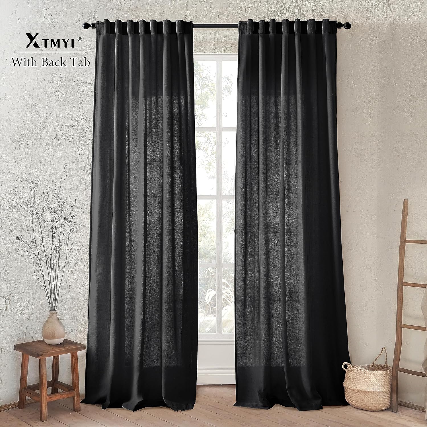 XTMYI Cortinas negras de 108 pulgadas de largo para puerta corrediza de vidrio, juego de 2 paneles de ganchos de lino, cortinas plisadas para telón