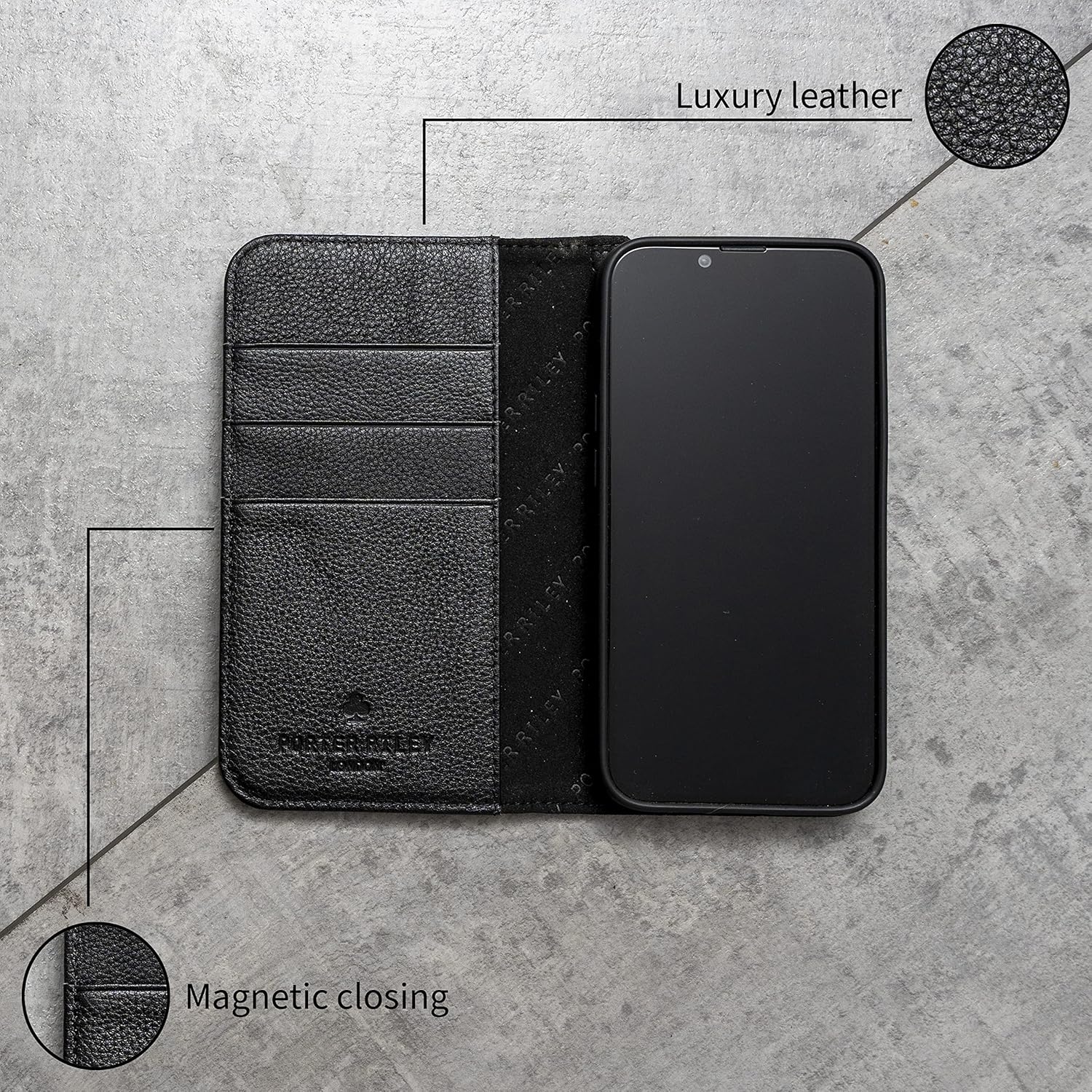 Porter Riley – Funda de cuero para Samsung Galaxy S20. Funda de piel auténtica con soporte, carteracubierta (negro puro)