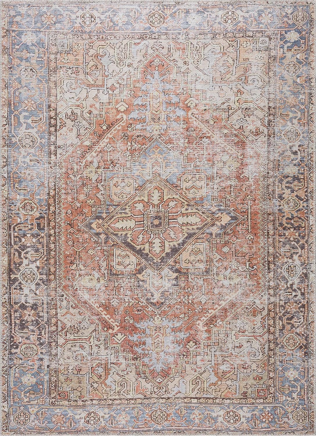 Georgia Collection Eira – Alfombra larga envejecida para pasillo, entrada, lavable a máquina, color rojo ladrillo, marrón, naranja, azul, 2 pies 7