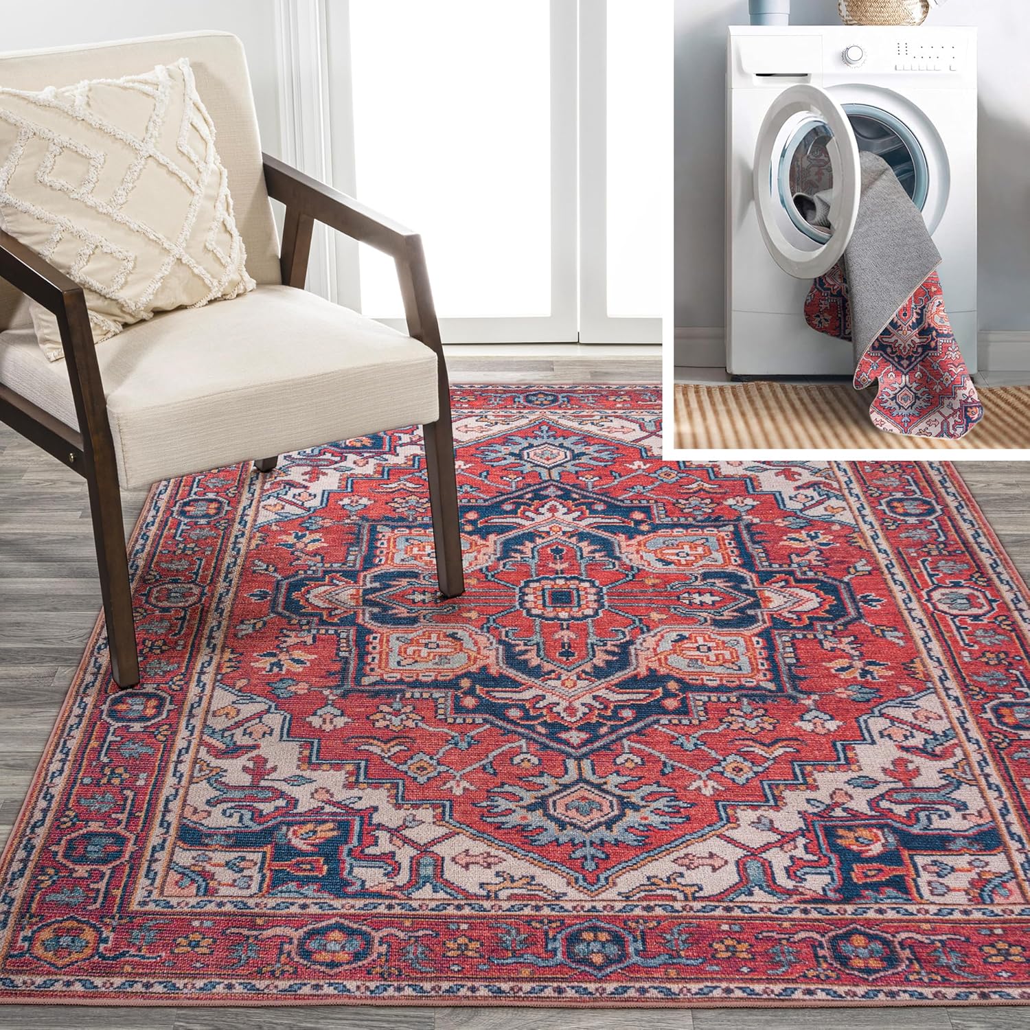 JONATHAN Y WSH105A-4 Cirali – Alfombra decorativa grande con medallón grande, lavable a máquina, estilo bohemio de transición, alto tráfico, cocina,