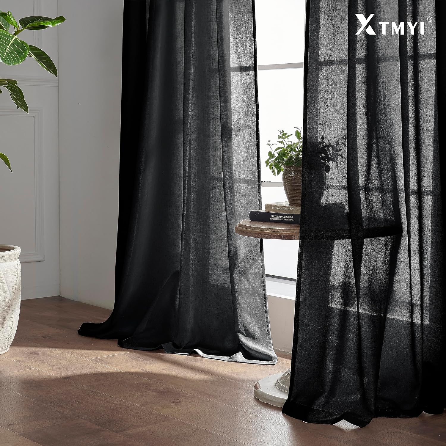 XTMYI Cortinas negras de 108 pulgadas de largo para puerta corrediza de vidrio, juego de 2 paneles de ganchos de lino, cortinas plisadas para telón