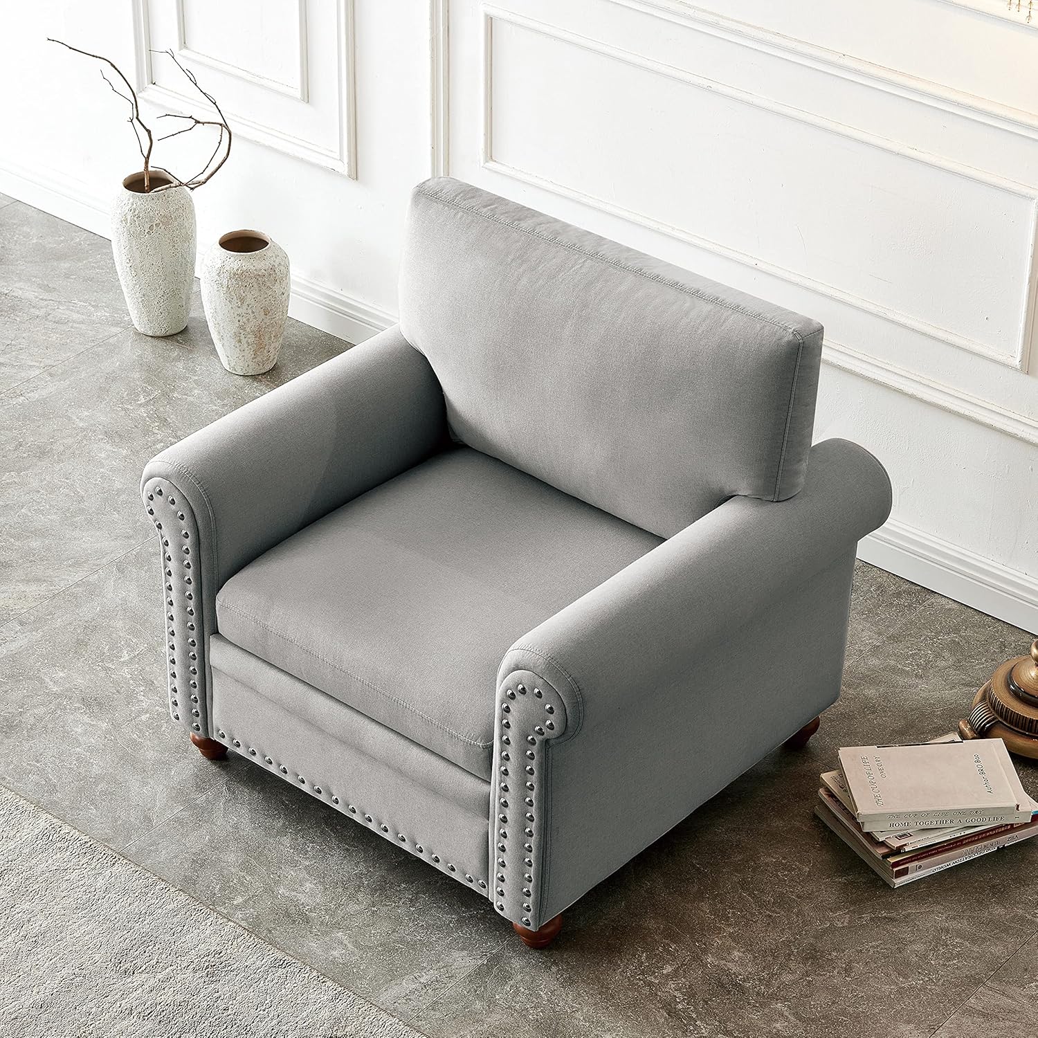 Harper & Bright Designs Sofá de un solo asiento con respaldo de cojín, patas de madera maciza, decoración de uñas, sillón tapizado de lino con brazo