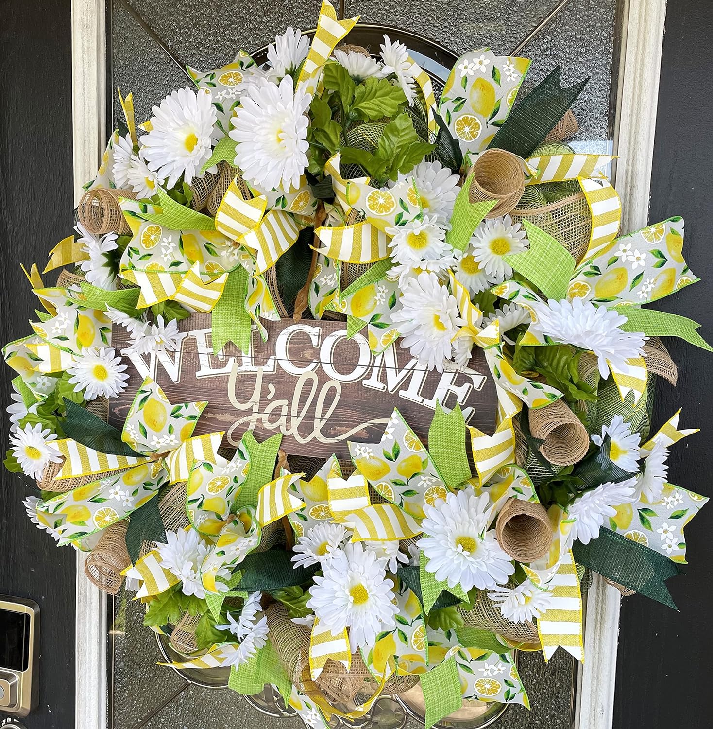 XL Welcome Y’all Lemon & Daisy Summer & Spring Deco Mesh Front Door Wreath, Porch Patio Home Decor, Handmade, Unique Gift Idea for Her