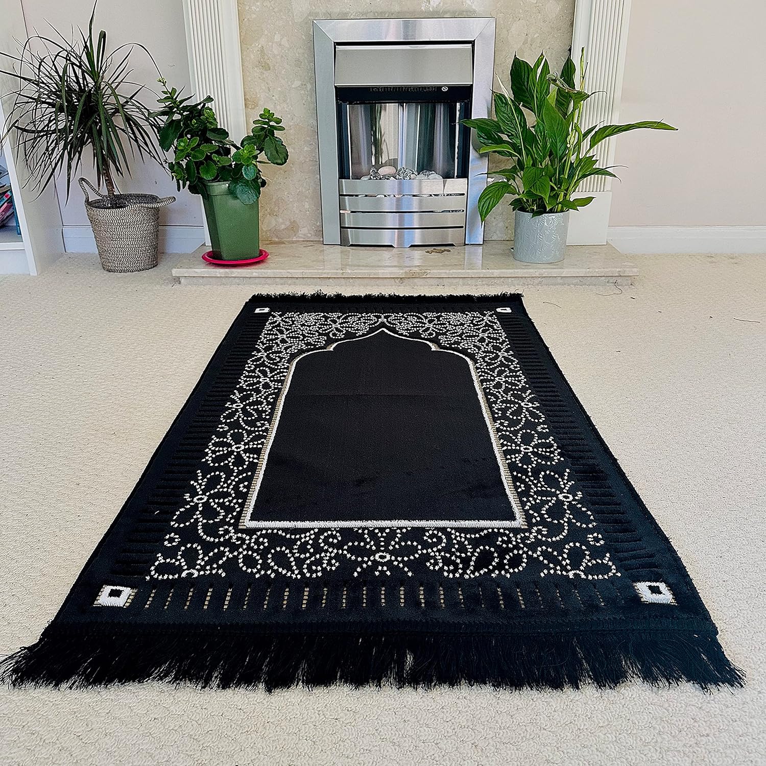 Mihrab – Tapete de oración de terciopelo de lujo original, 26.46 oz de peso, fabricado en Turquía, color negro