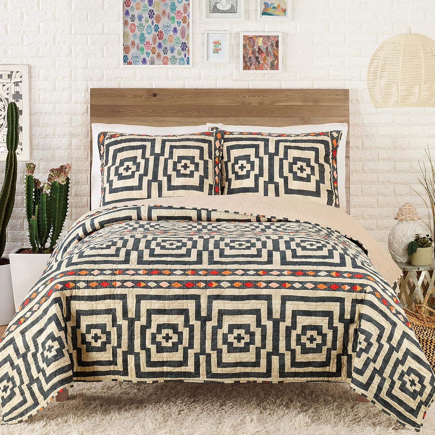 Justina Blakeney Ropa de cama hipnótica, matrimonialqueen, negro, 3 piezas