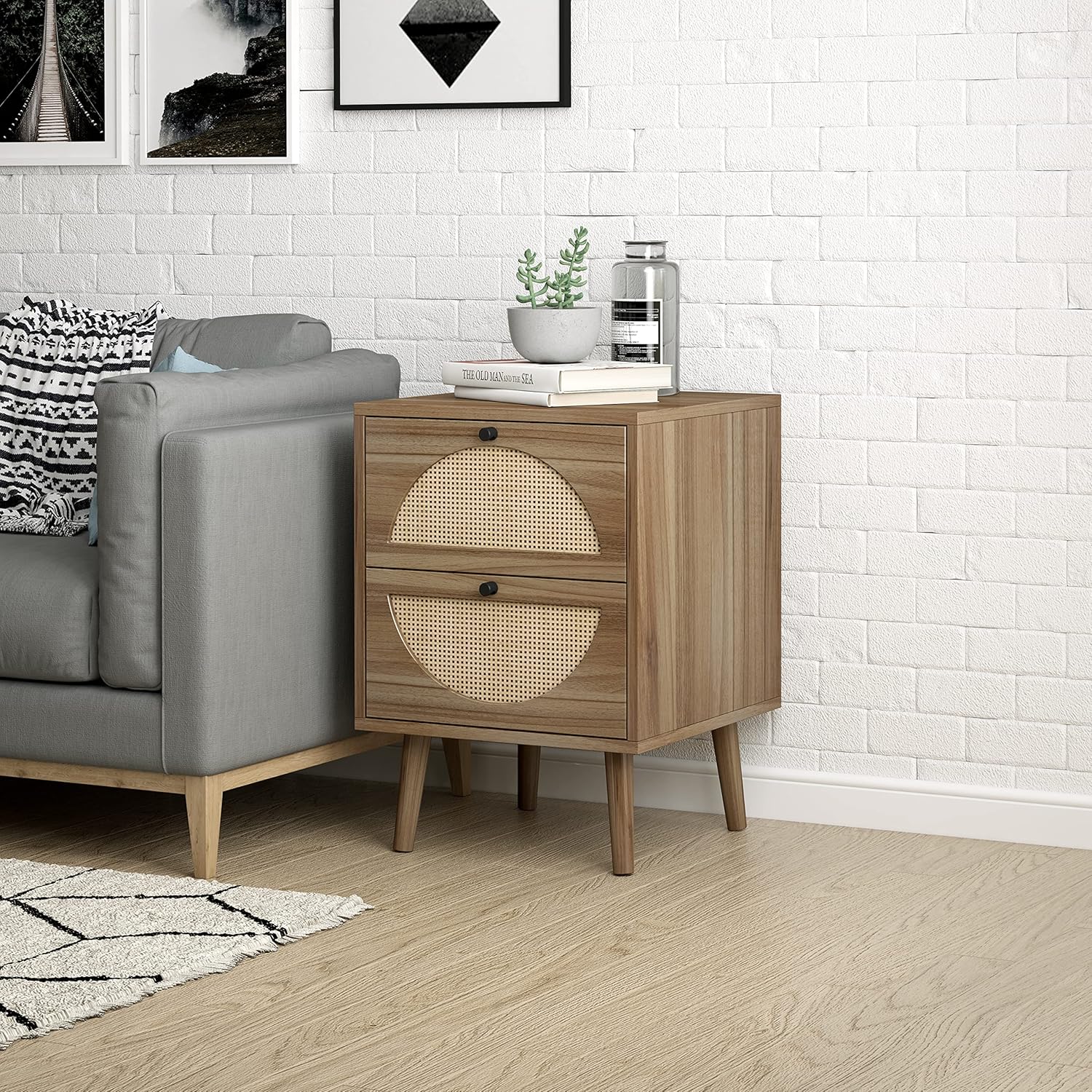 ORRD Juego de 2 mesitas de noche de ratán con cajones de almacenamiento, mesa auxiliar de madera para decoración del hogar para sala de estar,