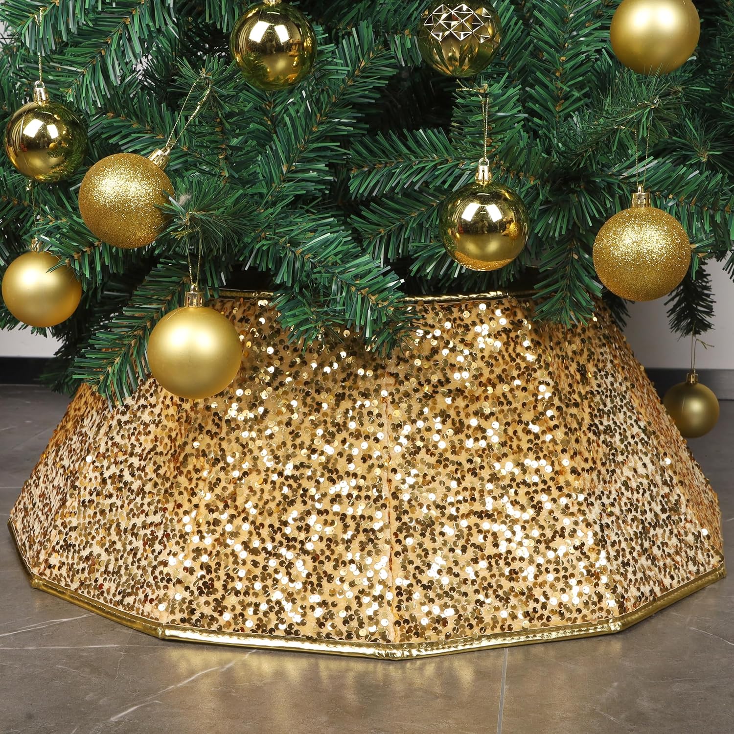 Blissun Collar de árbol de Navidad, falda de árbol de Navidad con lentejuelas, anillo plegable para árbol de Navidad, cubierta de base para árbol de