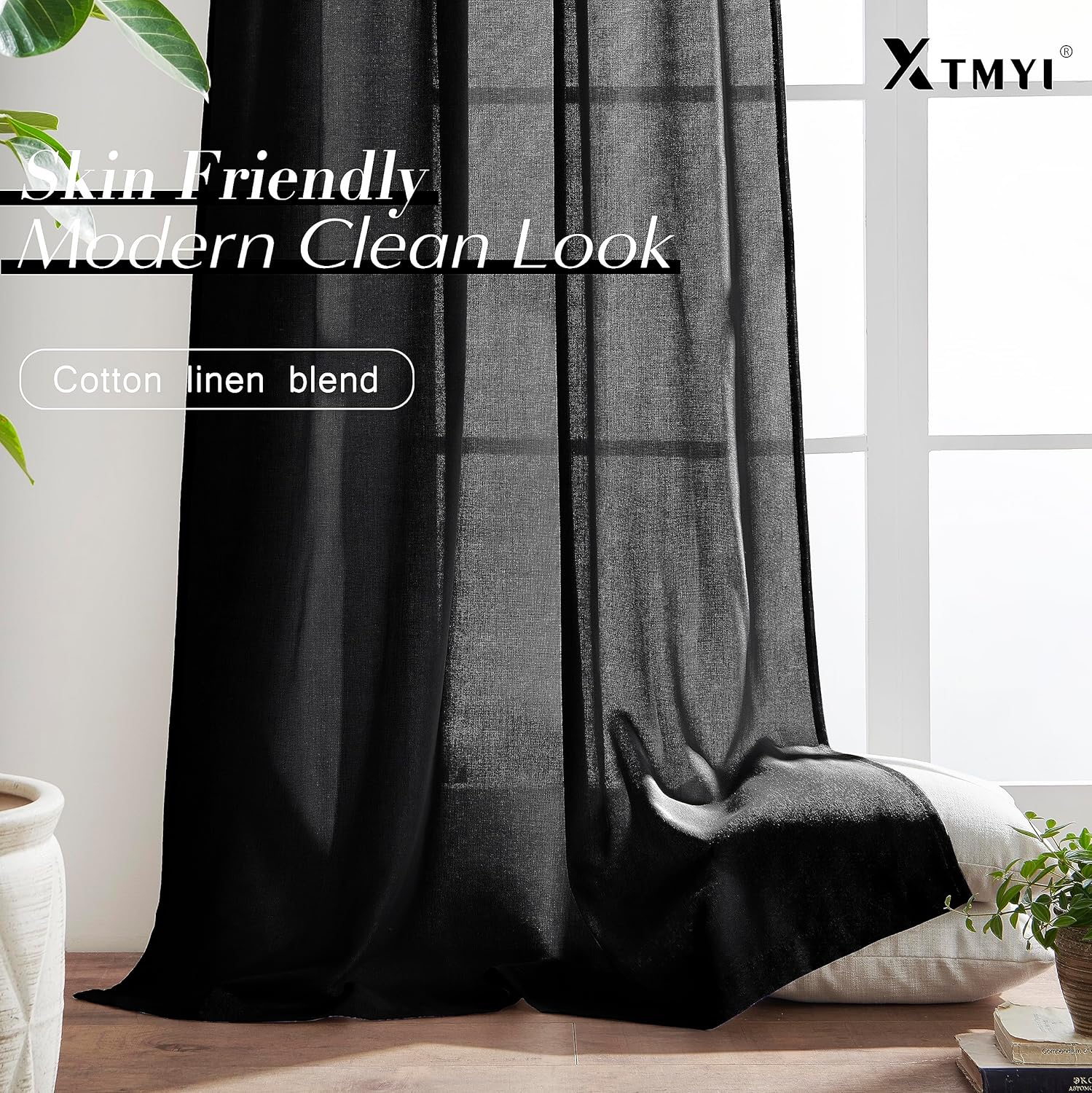 XTMYI Cortinas negras de 108 pulgadas de largo para puerta corrediza de vidrio, juego de 2 paneles de ganchos de lino, cortinas plisadas para telón