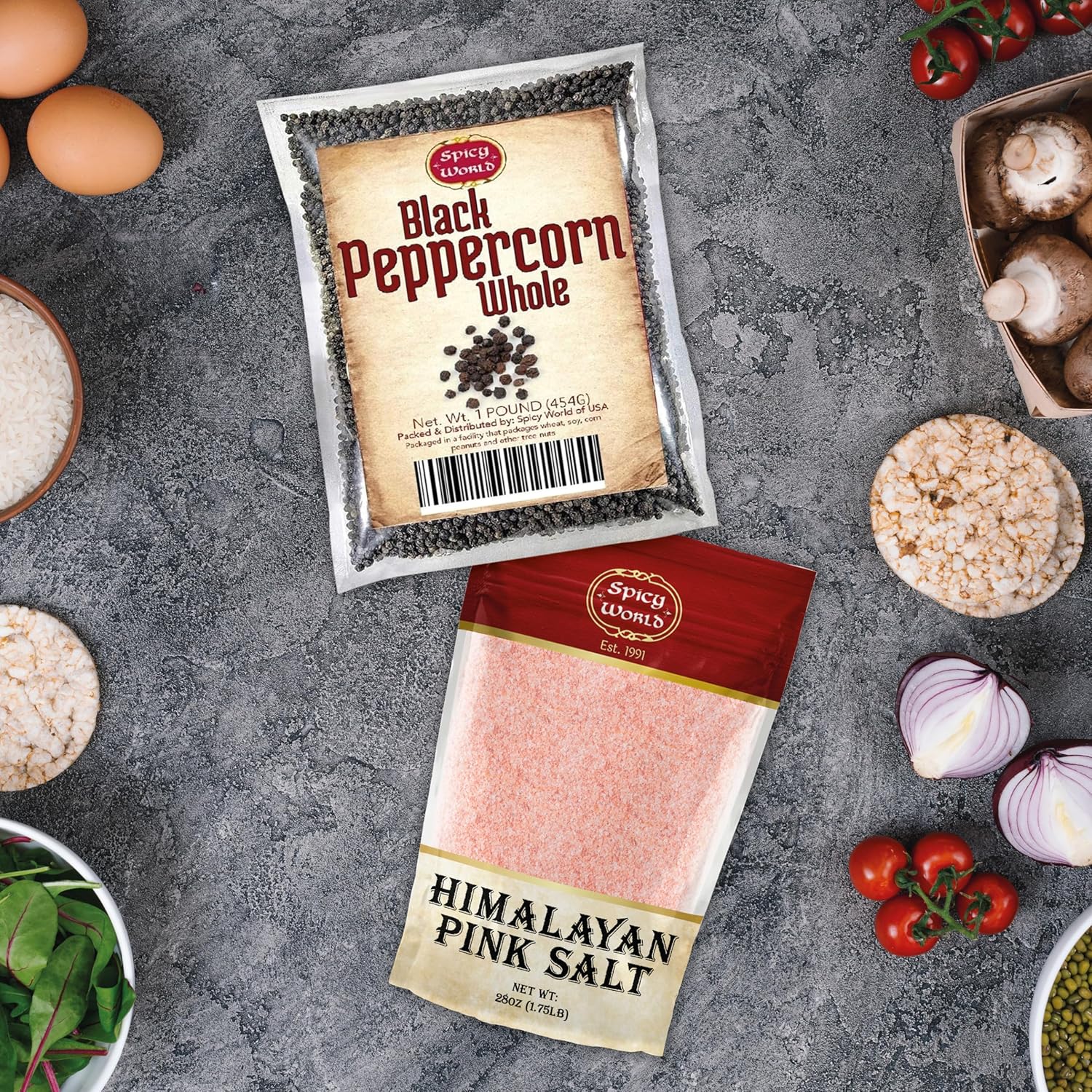 Spicy World Granos de pimienta negra entera de 16 onzas + sal rosa del Himalaya fina 1.75 libras (28 onzas)