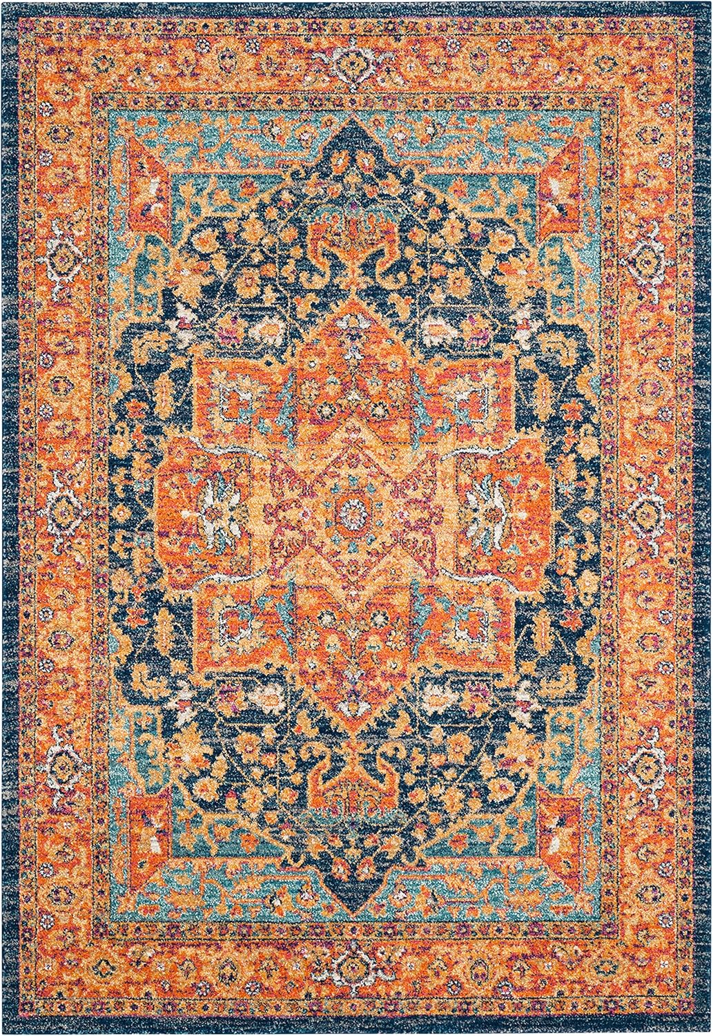 SAFAVIEH Evoke Collection EVK275C Medallón Oriental envejecido, no desprende pelusa, para sala de estar, dormitorio, 4 x 6 pies, azulnaranja