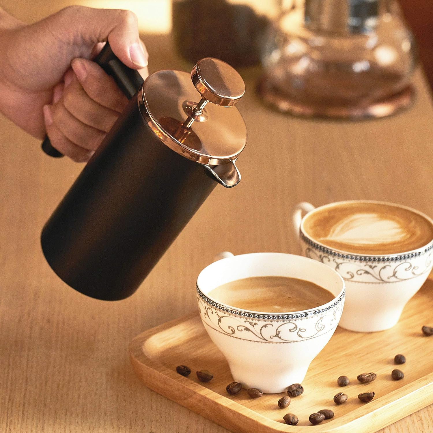 Meelio Cafetera de prensa francesa negra de 12 onzas, prensa de café aislada de doble pared de acero inoxidable con tapa de metal oro rosa, incluye