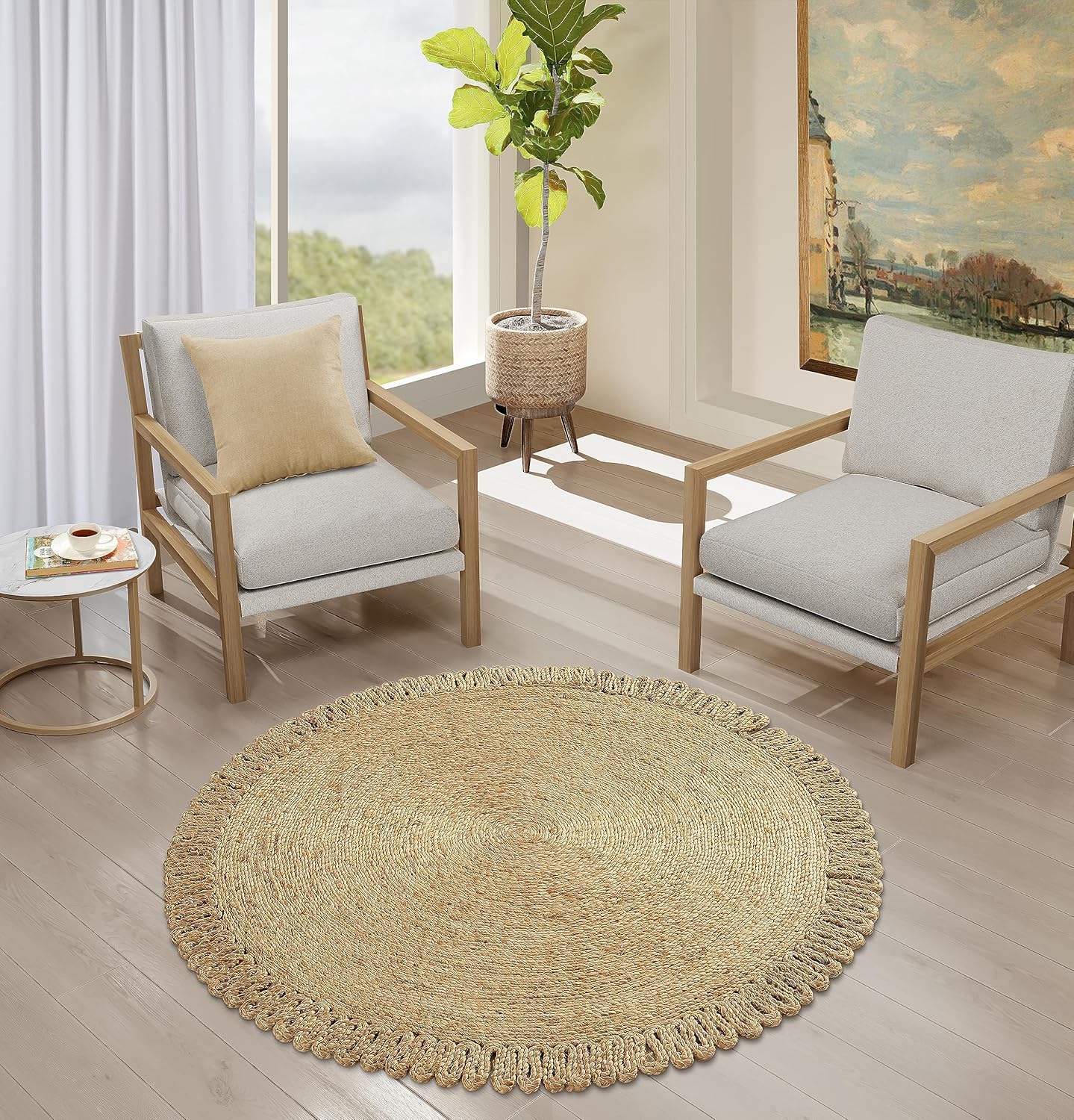 GRUHUM Alfombra redonda de yute de 3 pies, colección redonda de fibra natural, hecha a mano, con encanto bohemio, alfombra de yute suave, trenzada,