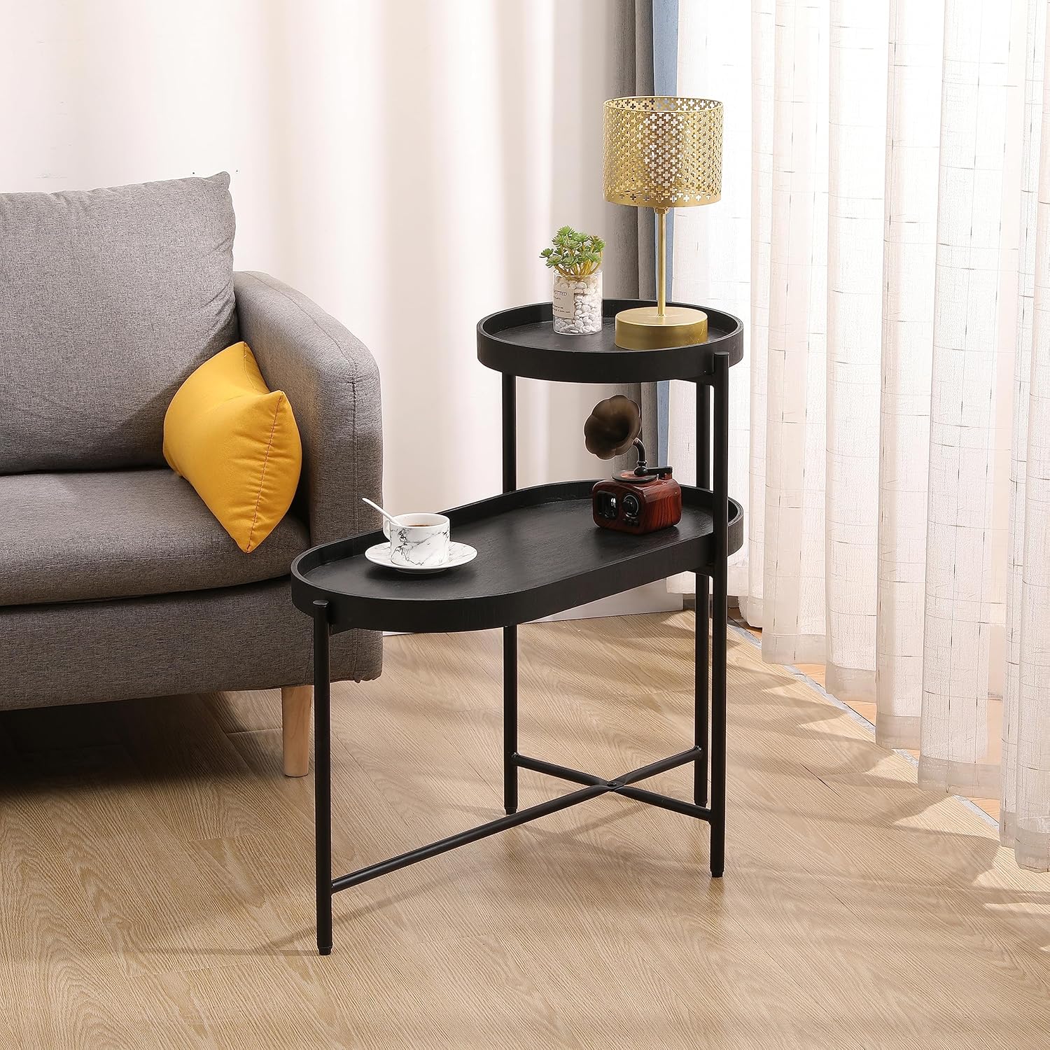 Mesa auxiliar moderna con bandeja redonda, mesa auxiliar de sofá de 2 niveles, mesa auxiliar de metal con estante de almacenamiento para sala de