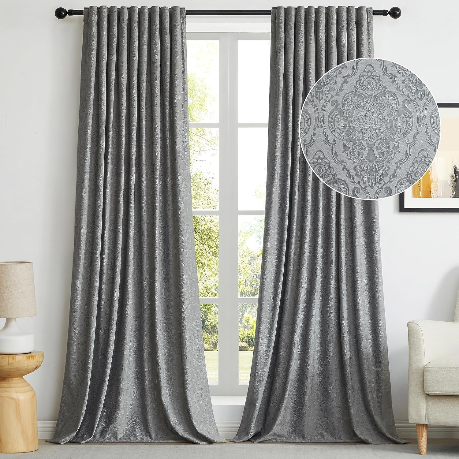 GIGIZAZA Cortinas de terciopelo gris de 96 pulgadas de largo para sala de estar, 2 paneles de cortinas bohemias de lujo con estampado de flores en