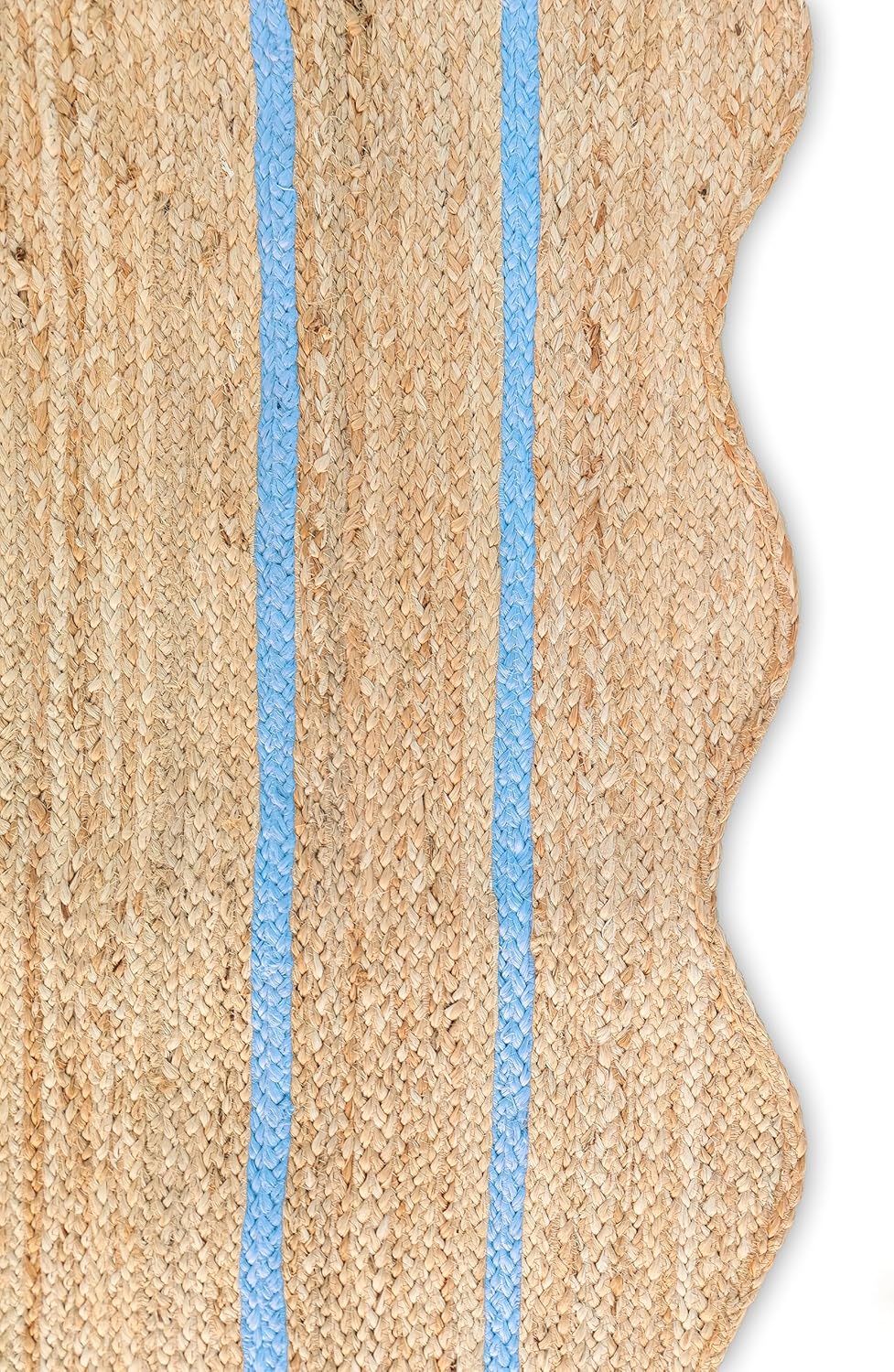 Alfombra ondulada de yute natural festoneada, alfombra de yute bohemio para entrada, alfombra de pasillo de granja, alfombra de vieira color azul