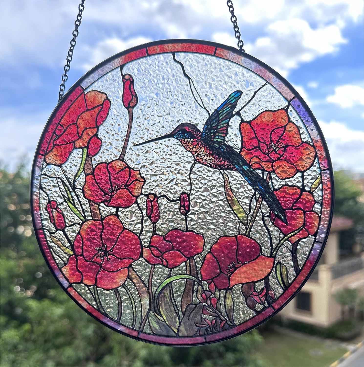 Atrapasoles de colibrí con vitrales, diseño original de 7.8 pulgadas, adorno de amapolas rojas de colibrí para atrapasoles para ventana interior