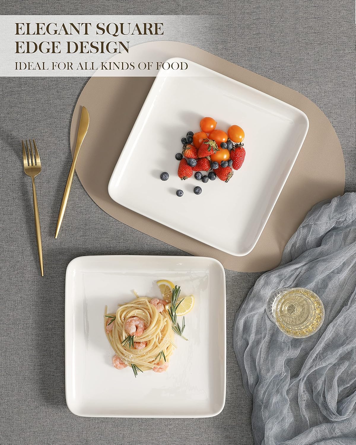 MALACASA Platos llanos de 10 pulgadas, platos llanos de color blanco marfil, juego de 4 platos cuadrados, platos de porcelana para cocina, banquete,