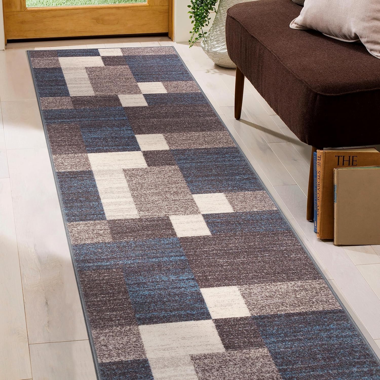Alfombra con diseño moderno de cuadros (antideslizante), color gris