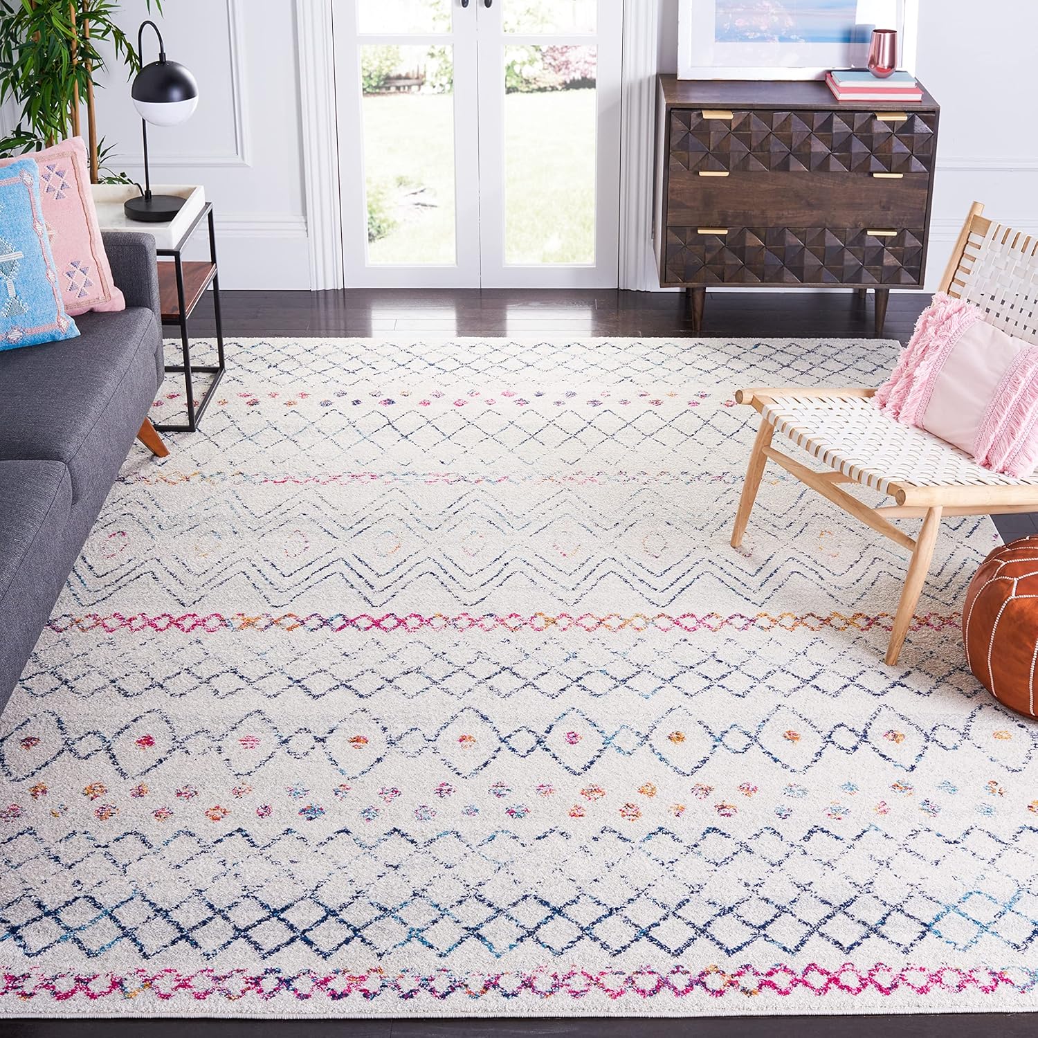 SAFAVIEH Madison Collection MAD798B – Alfombra cuadrada de 9 pies color marfil azul marino, marroquí, bohemio, envejecido, no desprende pelusa, para