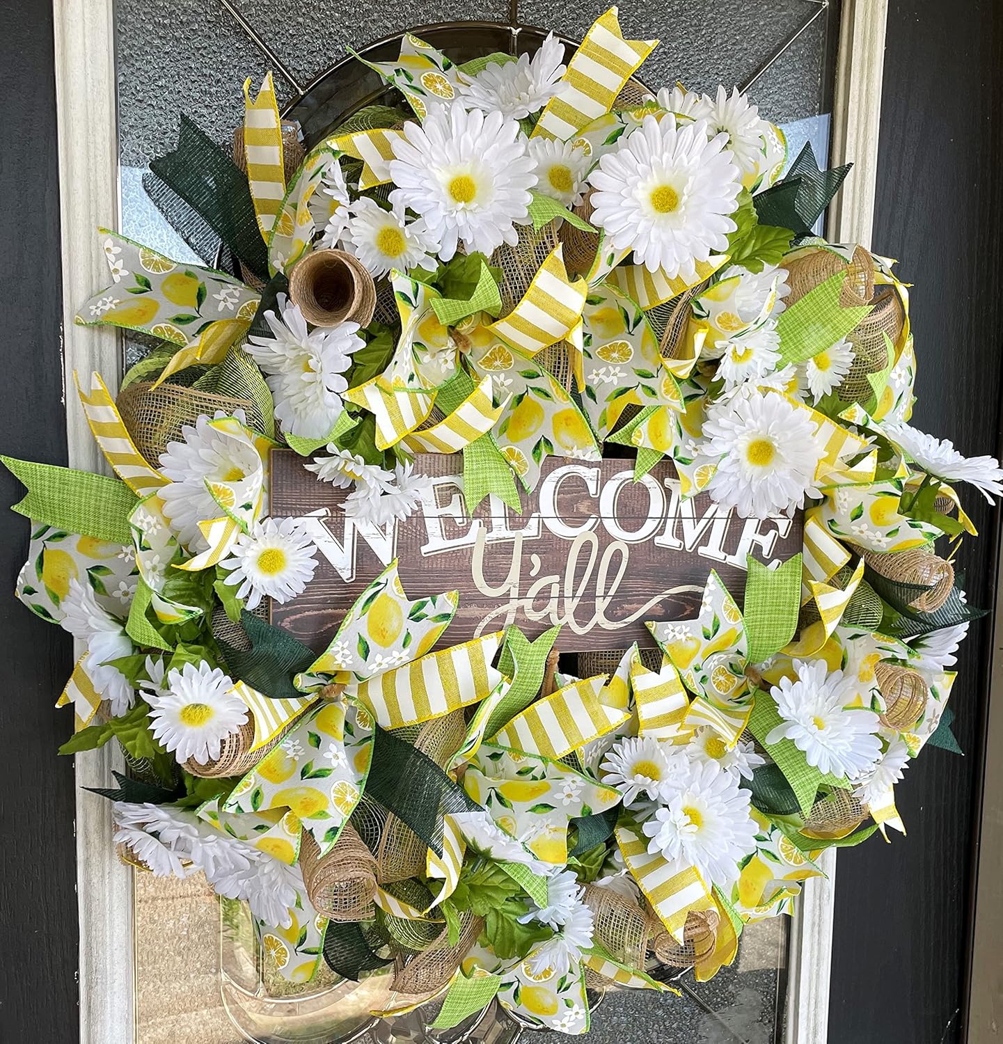 XL Welcome Y’all Lemon & Daisy Summer & Spring Deco Mesh Front Door Wreath, Porch Patio Home Decor, Handmade, Unique Gift Idea for Her