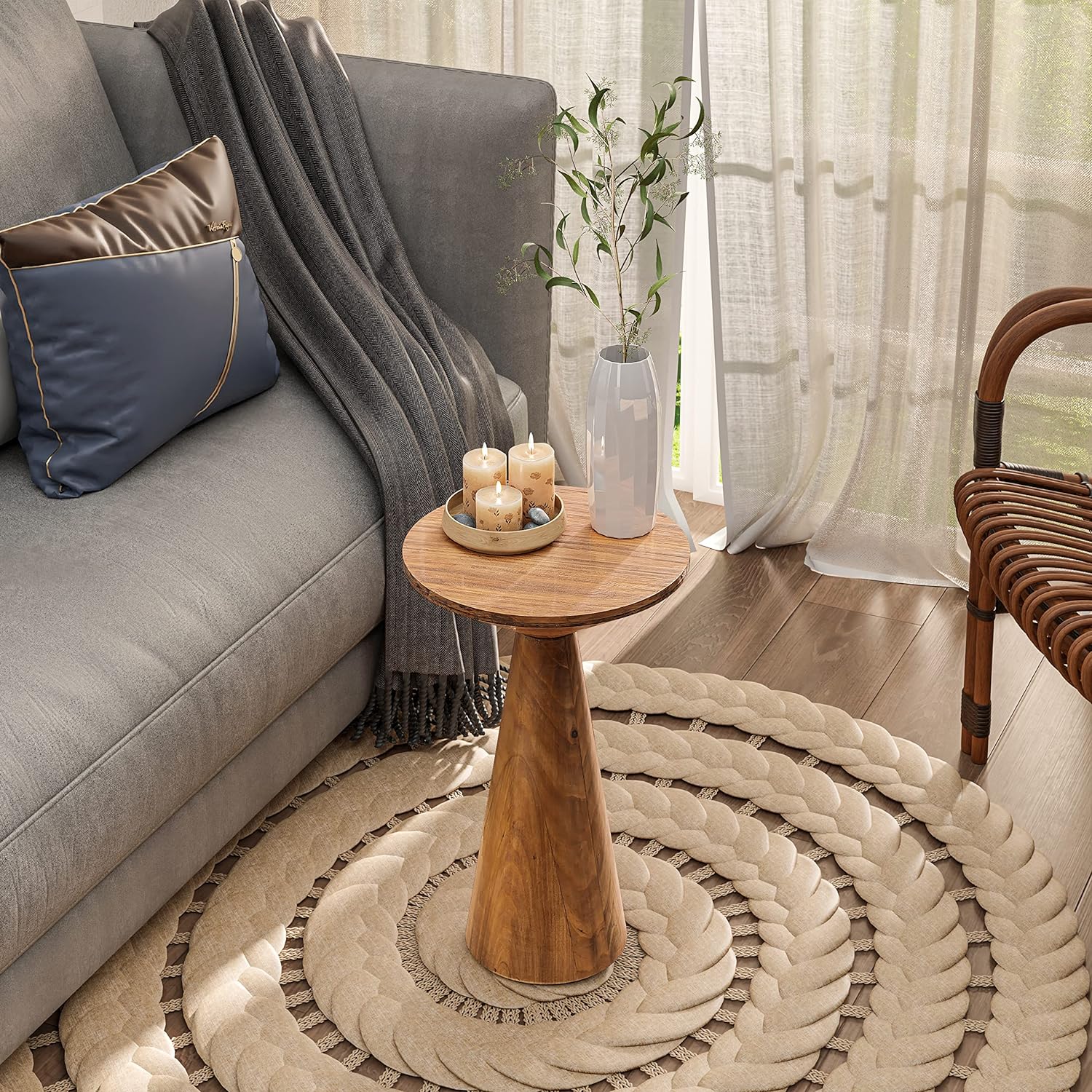 Mesa auxiliar de pedestal pequeña, redonda de granja, mesa de martini, soporte de madera para plantas, mesa rústica para bebidas para espacios