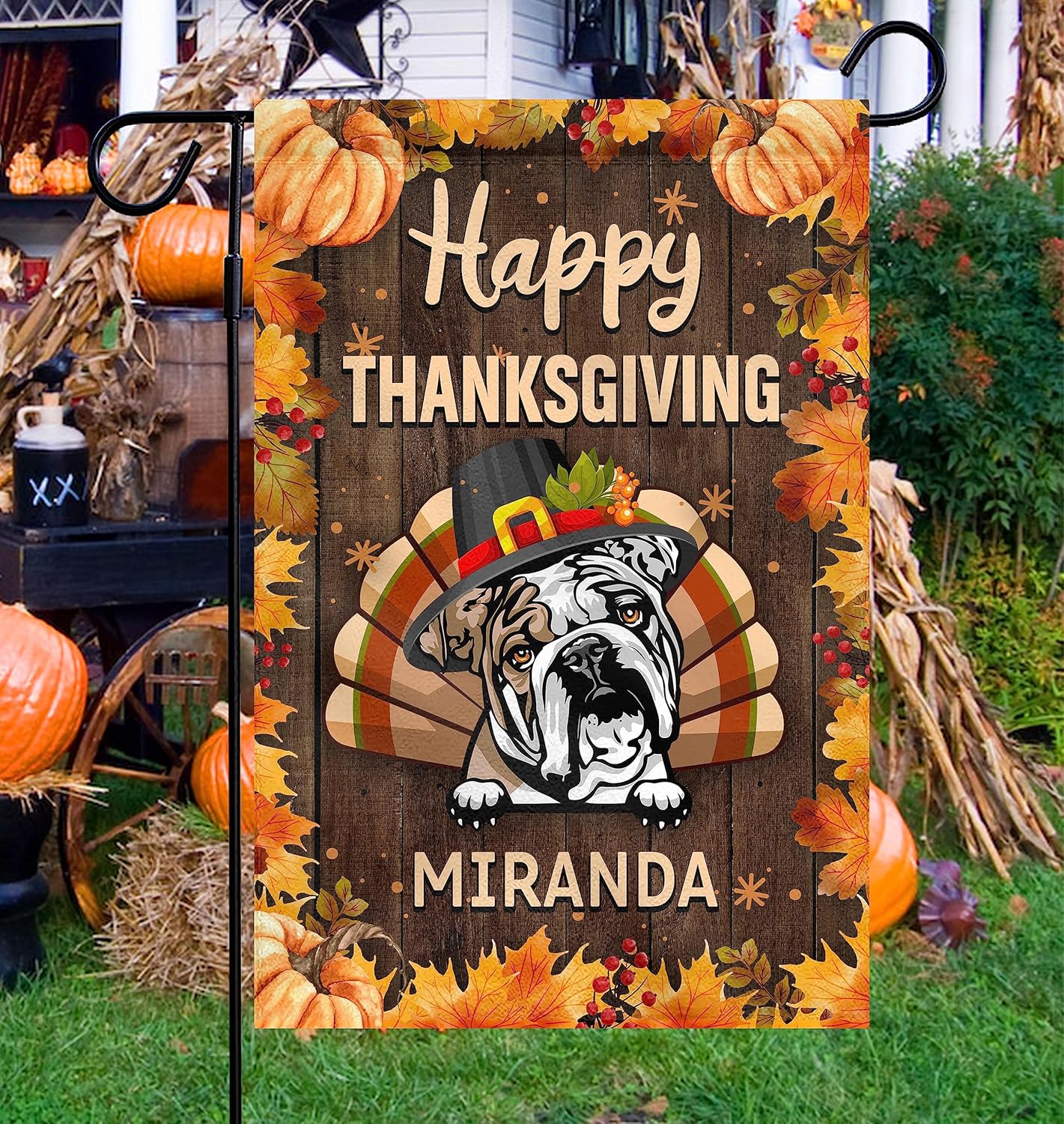 Bandera de bulldog inglés de bienvenida para perro exterior, calabaza, hoja de arce, feliz Acción de Gracias, banderas verticales de doble cara para