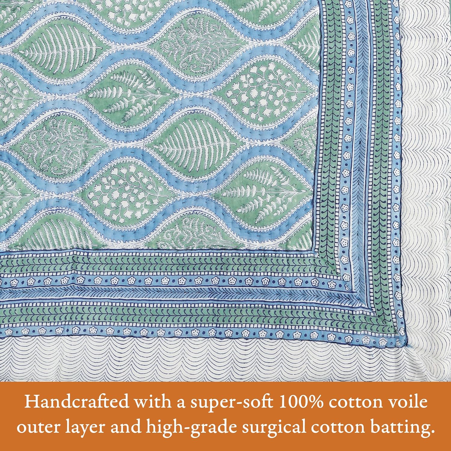 Saffron Marigold Manta reversible azul acolchada, tamaño King, hecha a mano con estampado de helechos del bosque, de algodón, de gasa Jaipuri Razai,