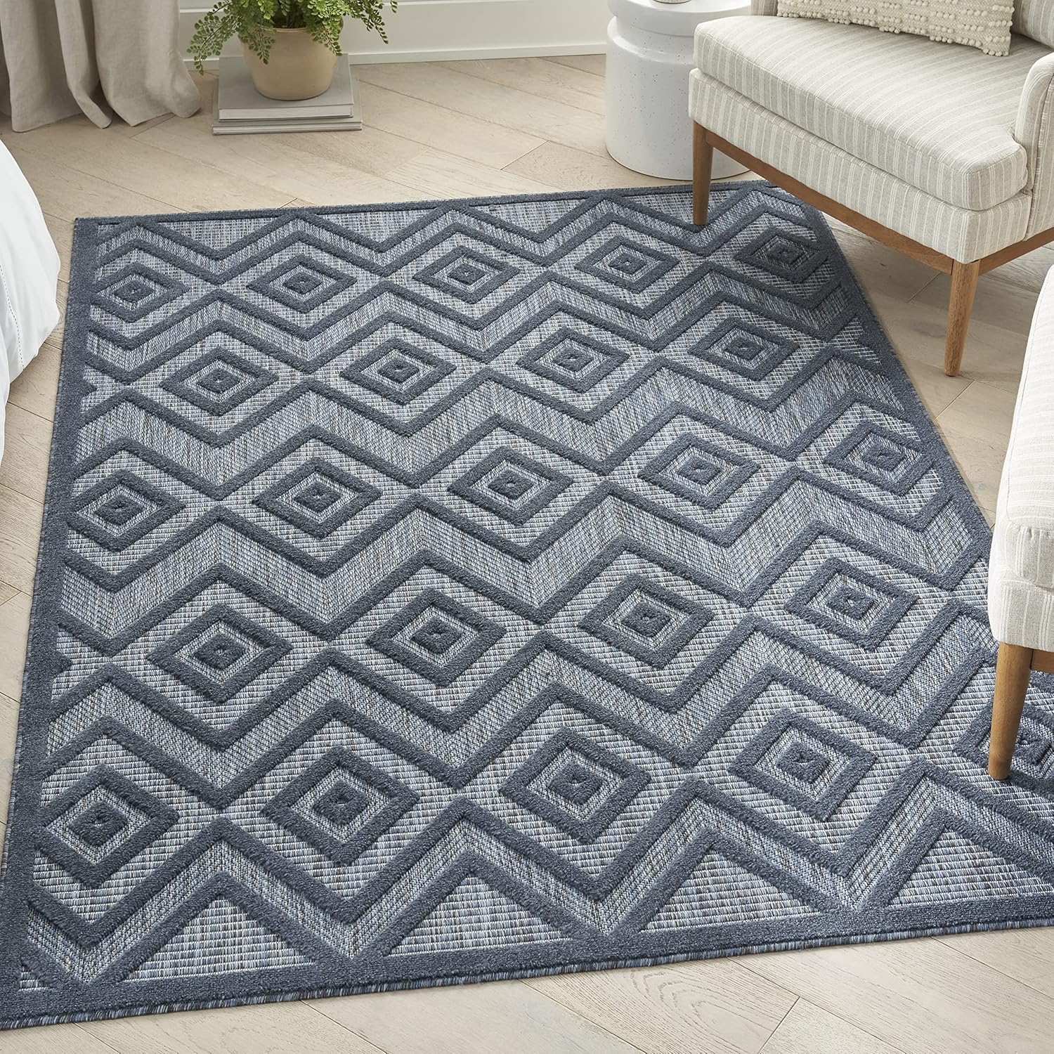 Nourison Alfombra versátil para interiores y exteriores, color azul marino, de 5 x 7 pies, fácil de limpiar, no se desprende, para dormitorio, sala