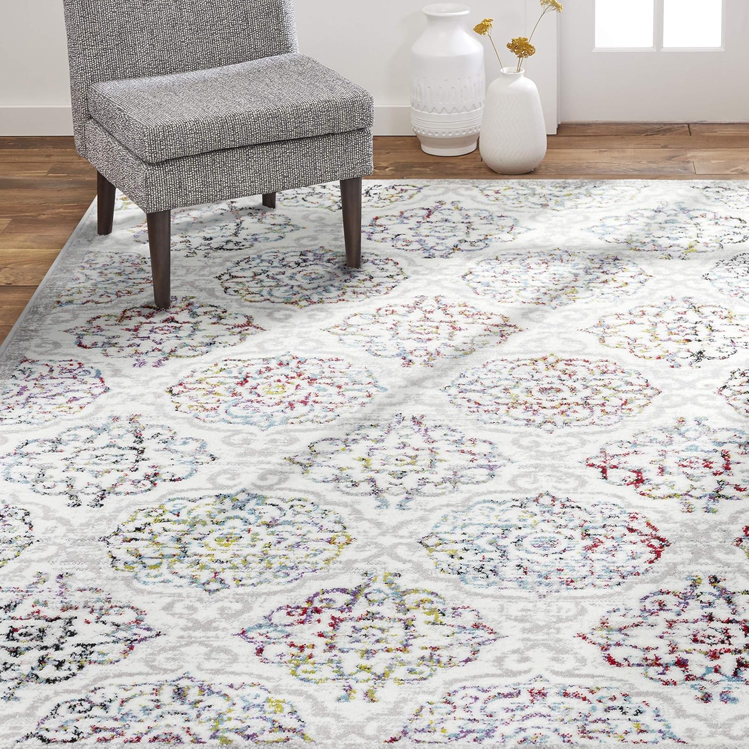 Home Dynamix – Alfombra de área transicional tipo damasco modelo Andorra estilo bohemio (color marfil y rosa de 5pies 2pulgadas x 7pies 2pulgadas)