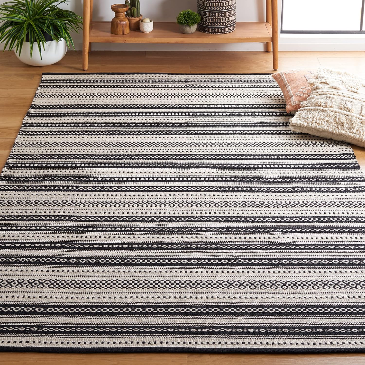 SAFAVIEH Montauk Collection – Alfombra decorativa de 3 x 5 pies, color negro y marfil, tejido plano, diseño de algodón a rayas estilo bohemio, fácil