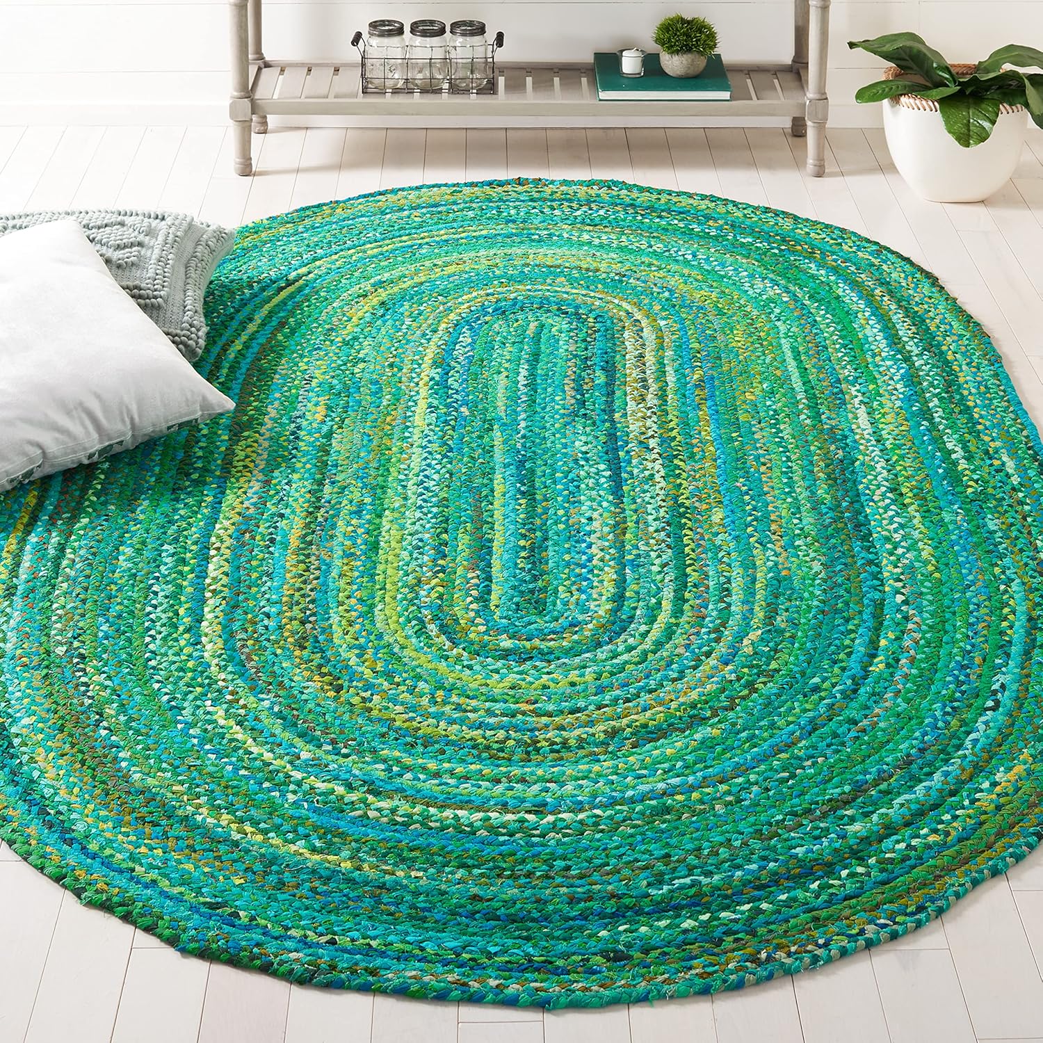 Safavieh Alfombra trenzada de la colección  3 x 5 pies, ovalada, verde, hecha a mano de algodón reversible, ideal para zonas de alto tráfico en sala